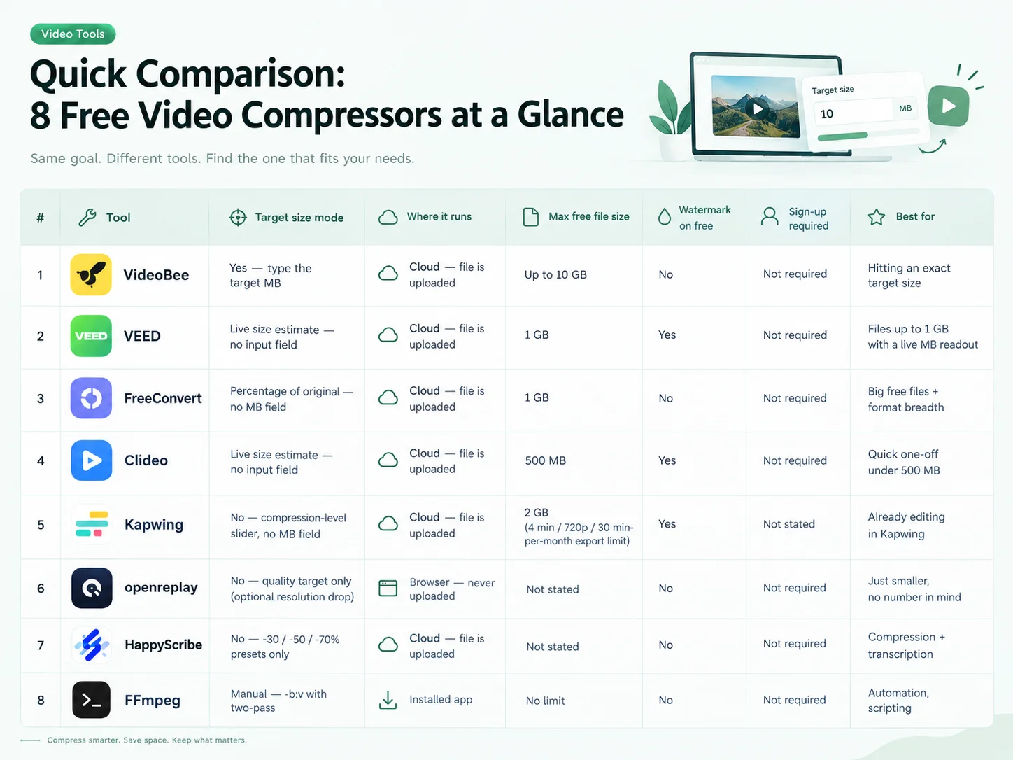 Free video compressors grouped by how they target a size, from exact MB to bitrate math