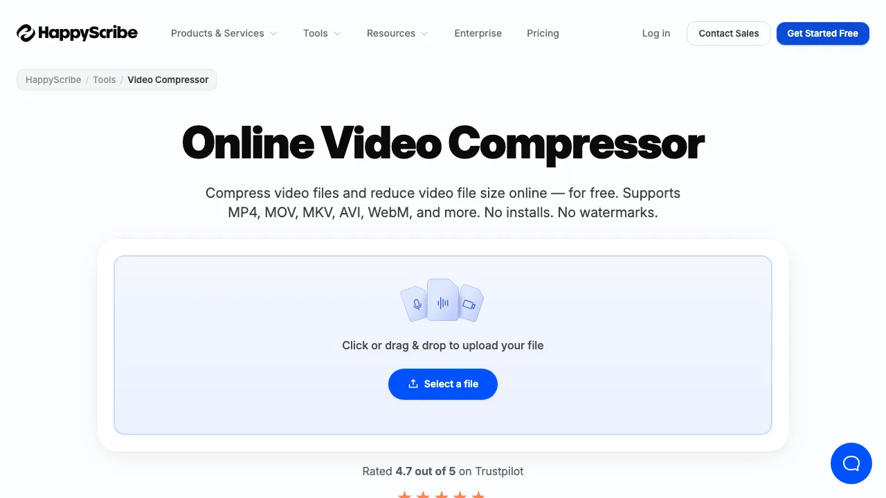 HappyScribe video compressor with size reduction presets