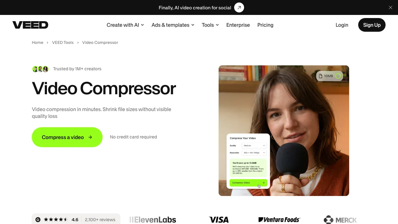 VEED online video compressor showing a live file size estimate