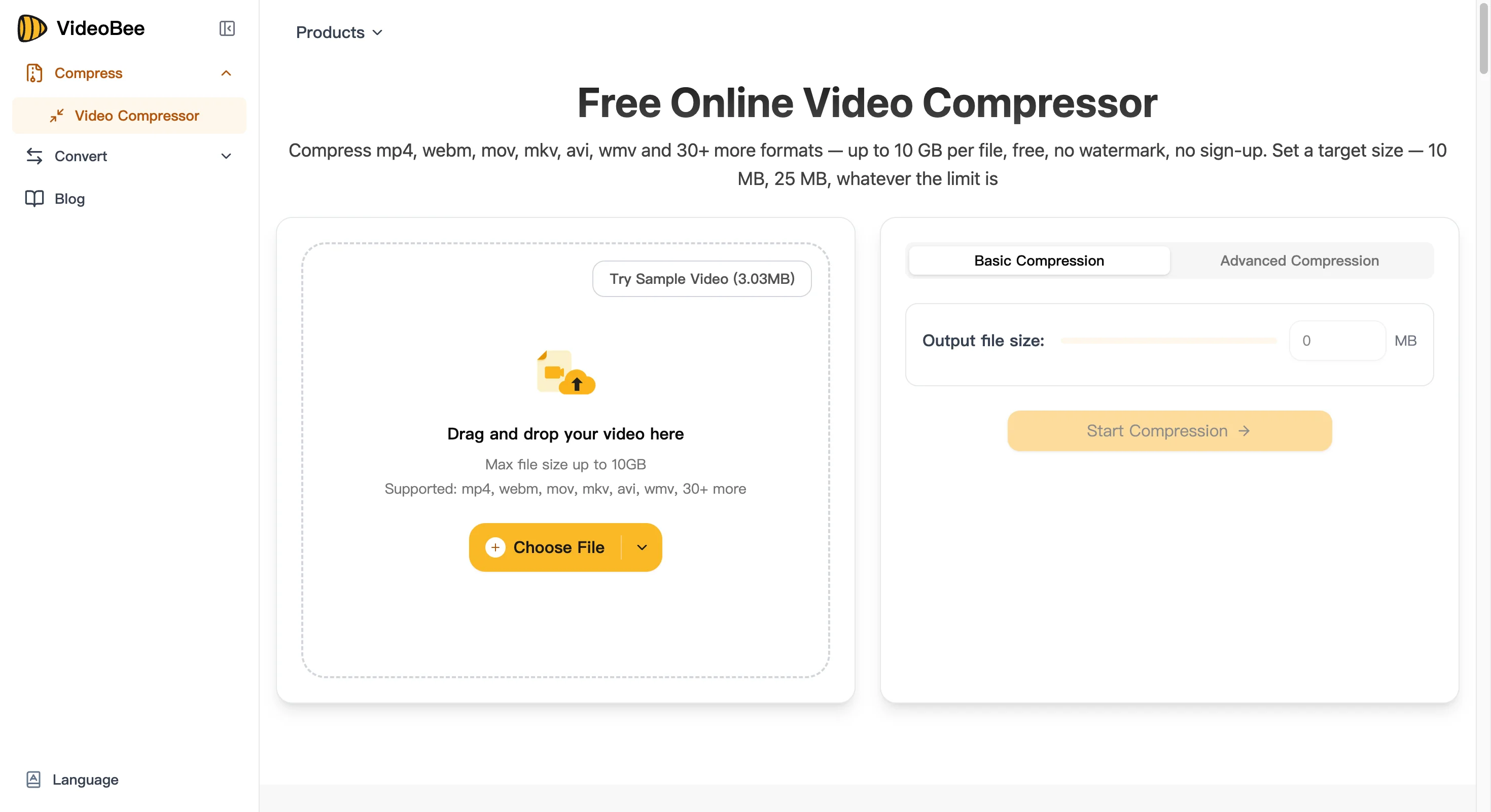 VideoBee free online video compressor interface with target size field